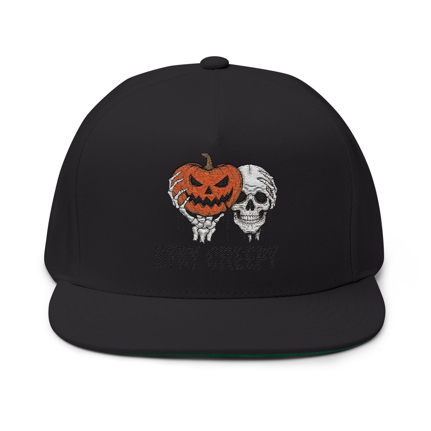 Stay Creepy Halloween Flat Bill Cap, Pumpkin Skull Hat, Embroidered Cap, Spooky Accessories, Trick or Treat Gear, Fall Fashion