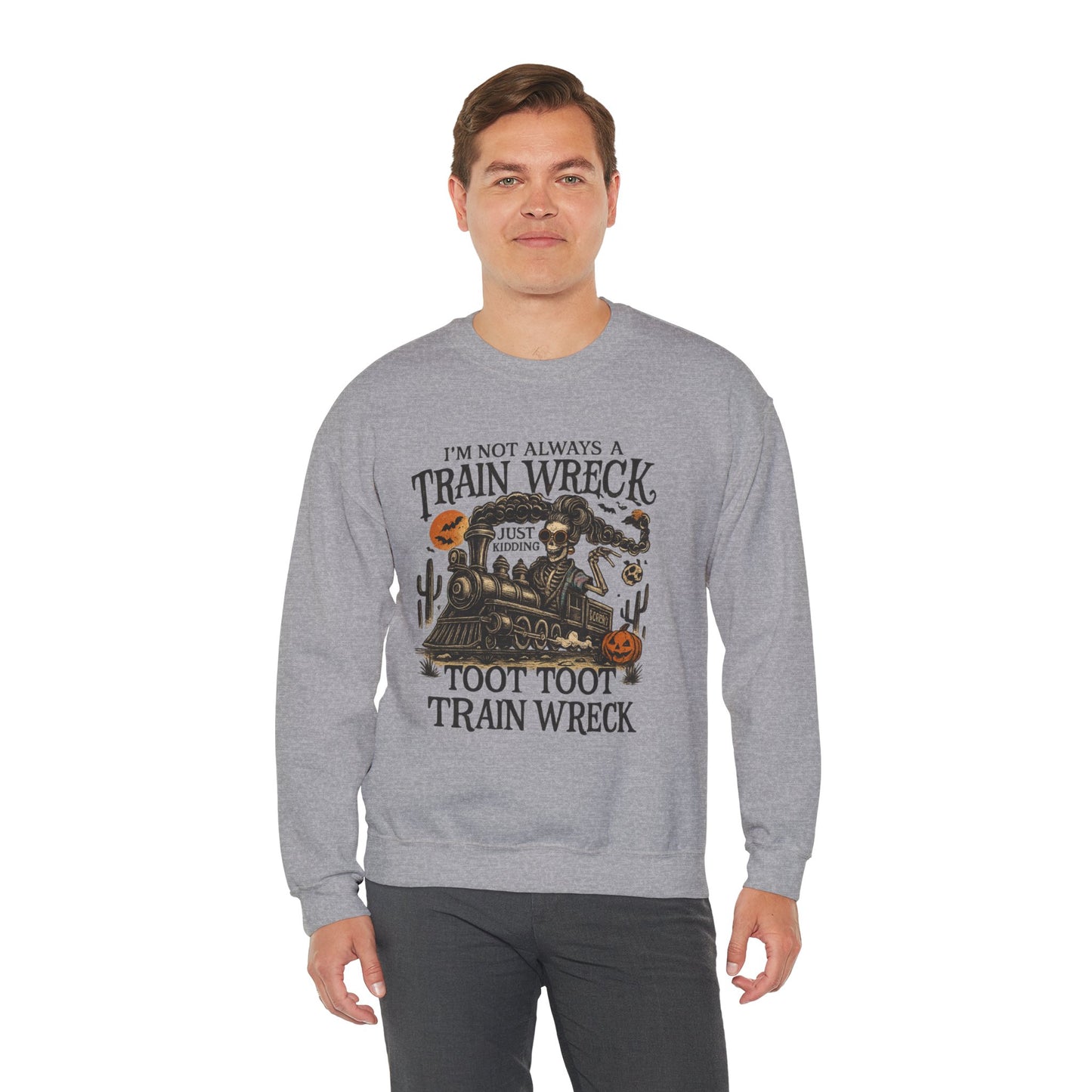 Funny Train Wreck Sweatshirt, Unisex Crewneck Sweatshirt, Halloween Apparel, Gift for Train Lovers, Cozy Fall Outfit