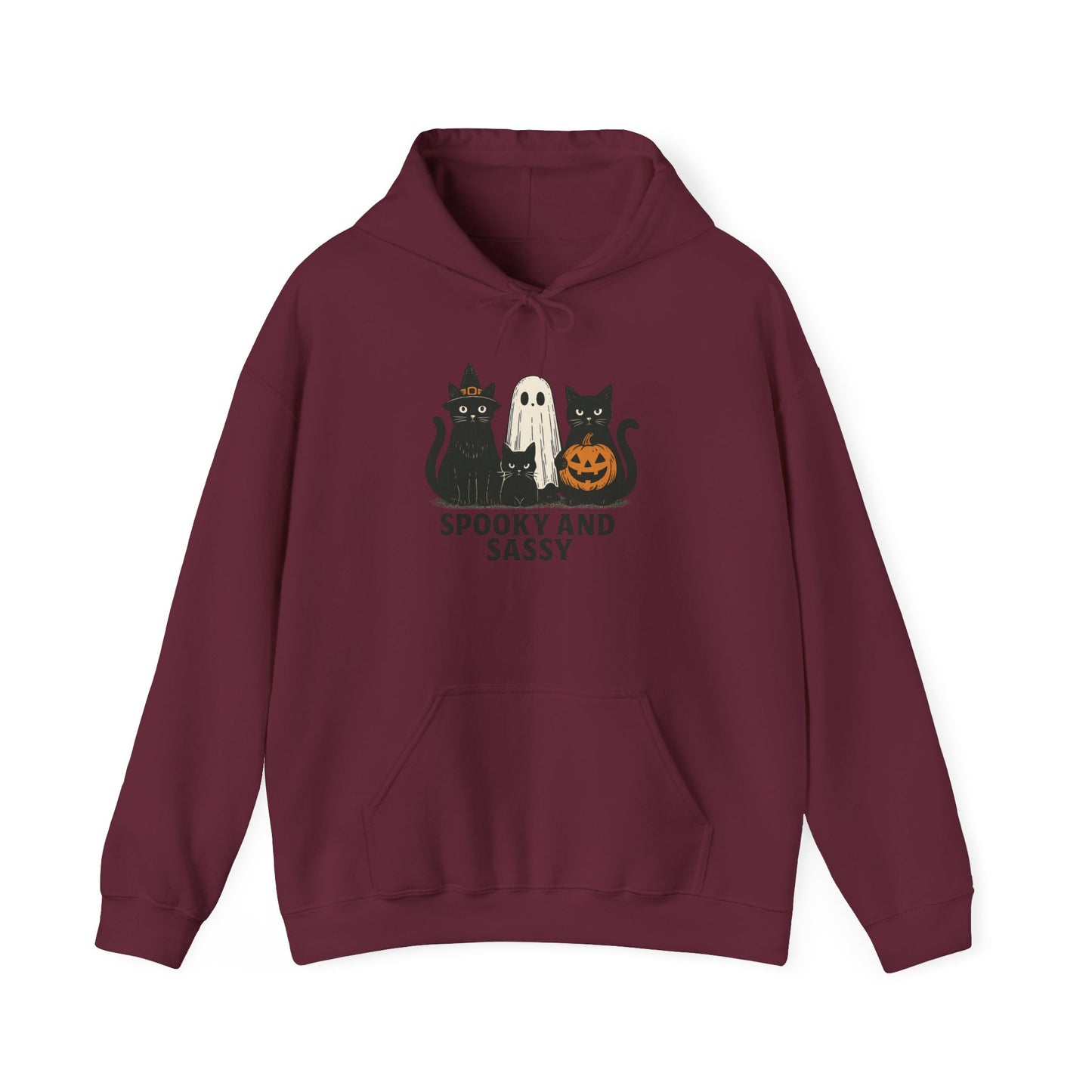 Spooky and Sassy Hoodie, Halloween Hoodie, Unisex Fall Apparel, Cozy Cat Ghost Wear, Perfect for Fall Festivities