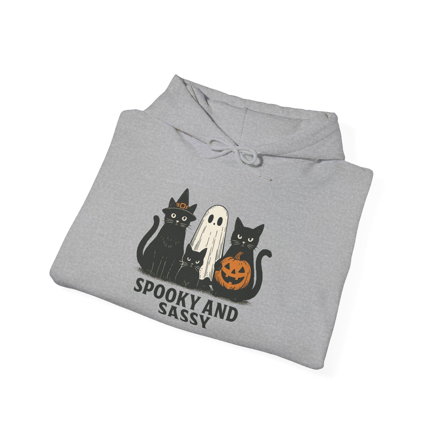 Spooky and Sassy Hoodie, Halloween Hoodie, Unisex Fall Apparel, Cozy Cat Ghost Wear, Perfect for Fall Festivities