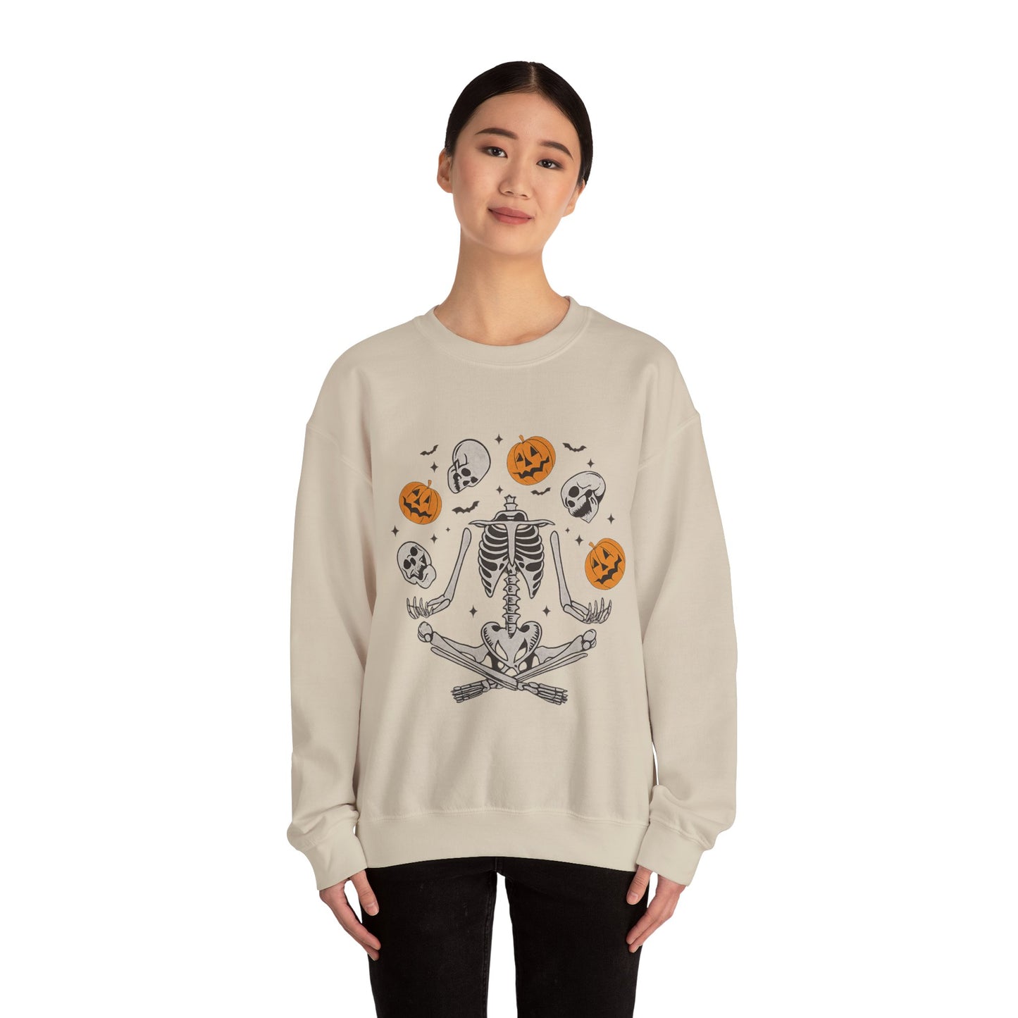Halloween Skeleton Yoga Sweatshirt, Cute Autumn Apparel, Spooky Season Outfit, Unisex Cozy Crewneck, Gift for Halloween Lovers