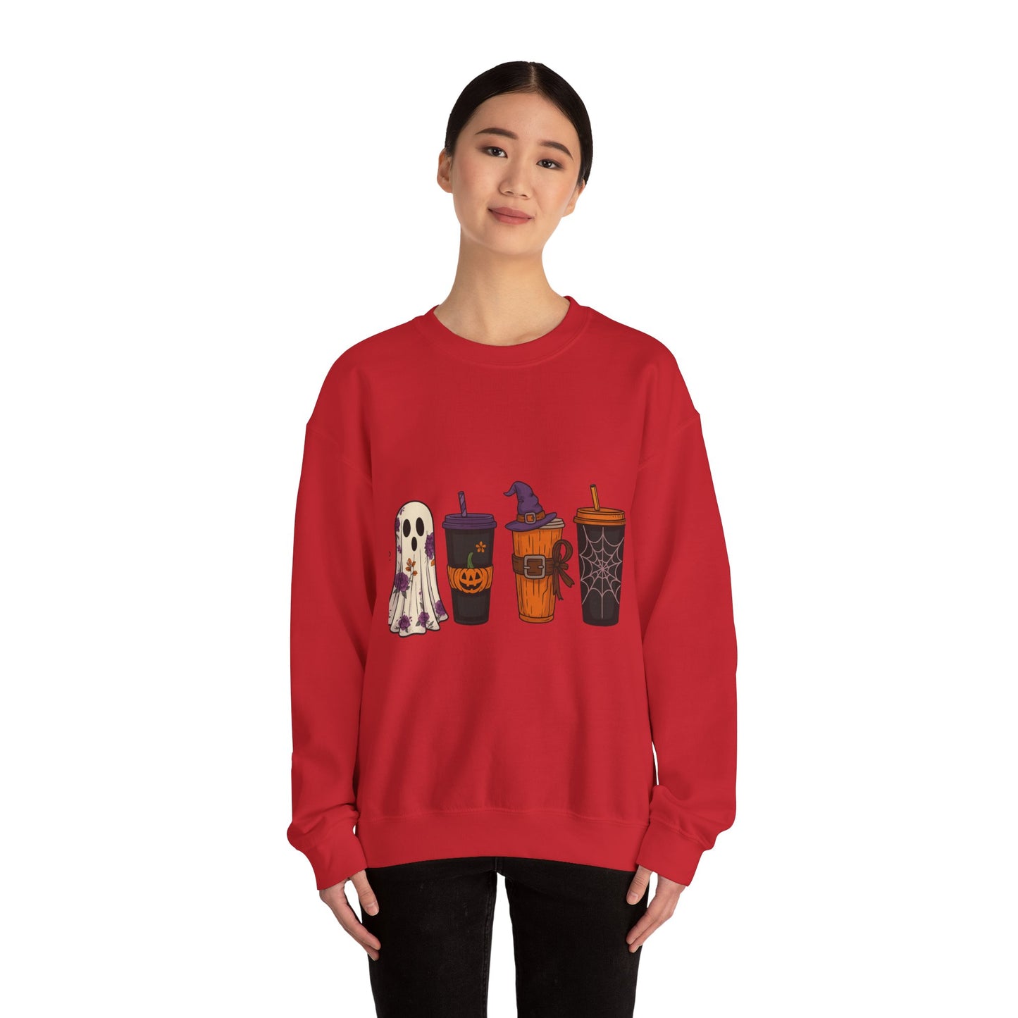 Halloween Ghost & Drink Crewneck Sweatshirt, Cozy Sweatshirt, Fall Fashion, Halloween Gift, Unisex Pullover, Spooky Season Apparel