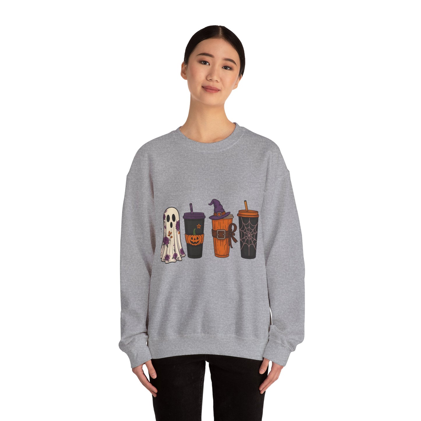 Halloween Ghost & Drink Crewneck Sweatshirt, Cozy Sweatshirt, Fall Fashion, Halloween Gift, Unisex Pullover, Spooky Season Apparel