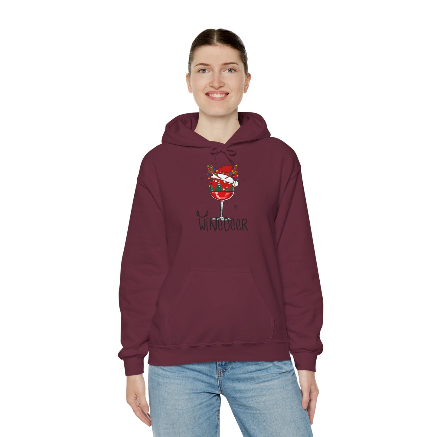 Wine Deer Hooded Sweatshirt, Cozy Gift for Wine Lovers, Christmas Apparel, Unisex Holiday Hoodie, Cute Wine Lover Sweatshirt