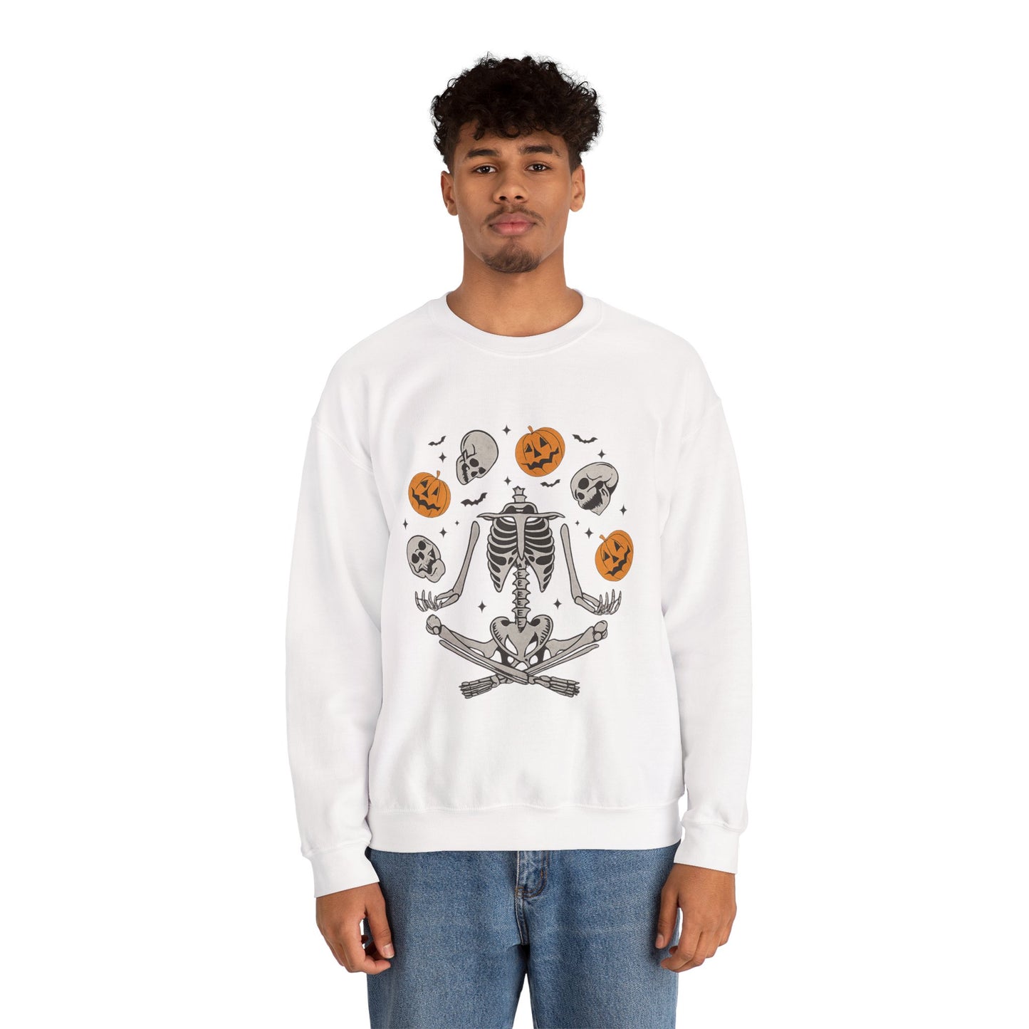 Halloween Skeleton Yoga Sweatshirt, Cute Autumn Apparel, Spooky Season Outfit, Unisex Cozy Crewneck, Gift for Halloween Lovers