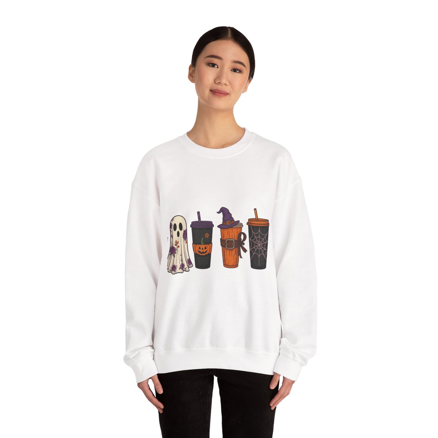 Halloween Ghost & Drink Crewneck Sweatshirt, Cozy Sweatshirt, Fall Fashion, Halloween Gift, Unisex Pullover, Spooky Season Apparel