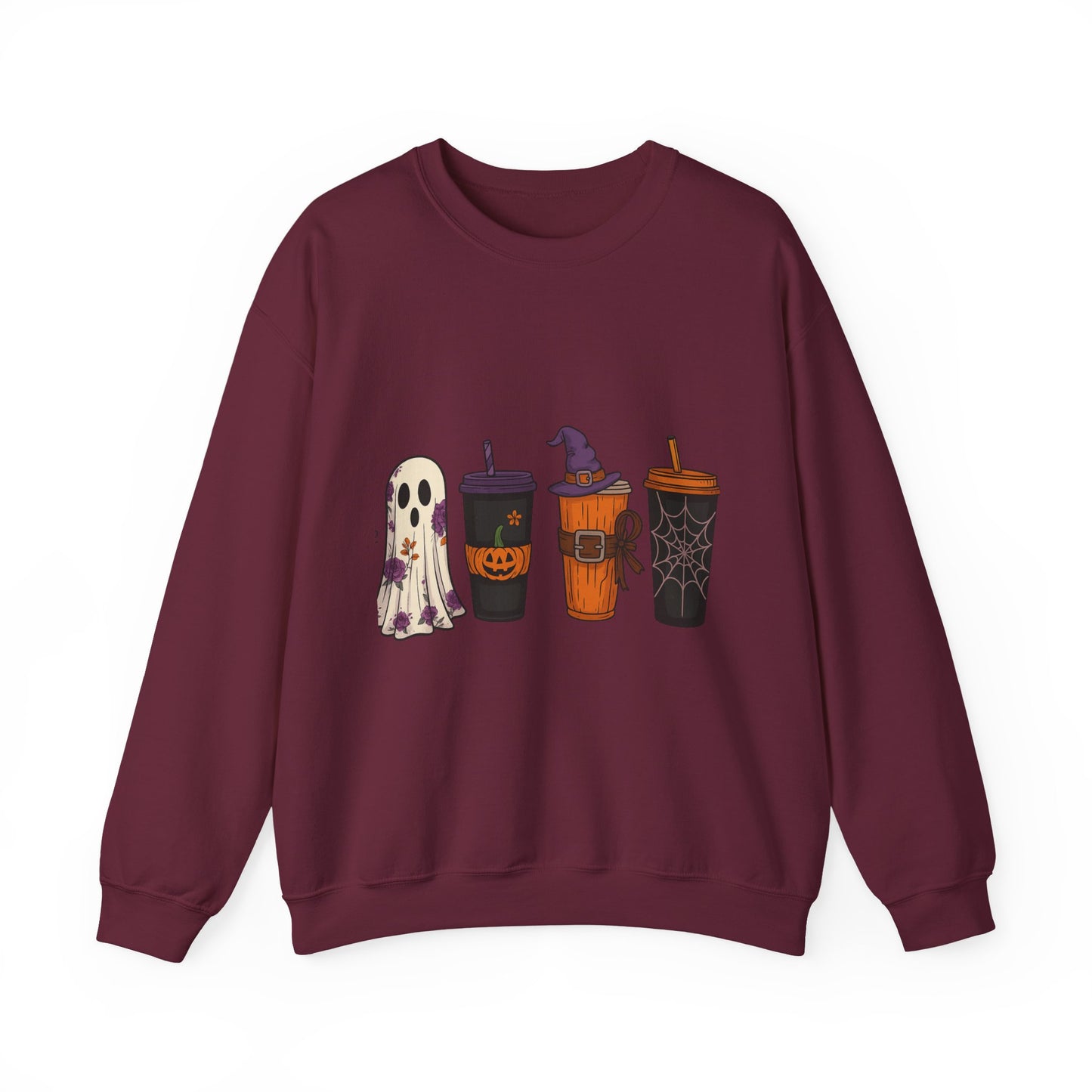 Halloween Ghost & Drink Crewneck Sweatshirt, Cozy Sweatshirt, Fall Fashion, Halloween Gift, Unisex Pullover, Spooky Season Apparel