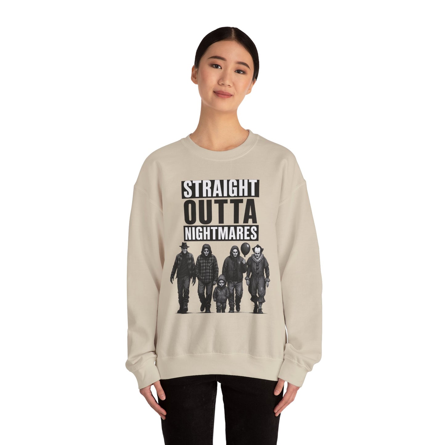 Straight Outta Nightmares Crewneck Sweatshirt | Unisex Pullover for Halloween, Cozy Gift for Horror Fans, Casual Layering