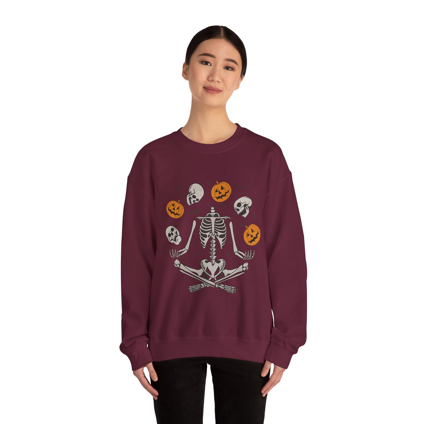 Halloween Skeleton Yoga Sweatshirt, Cute Autumn Apparel, Spooky Season Outfit, Unisex Cozy Crewneck, Gift for Halloween Lovers