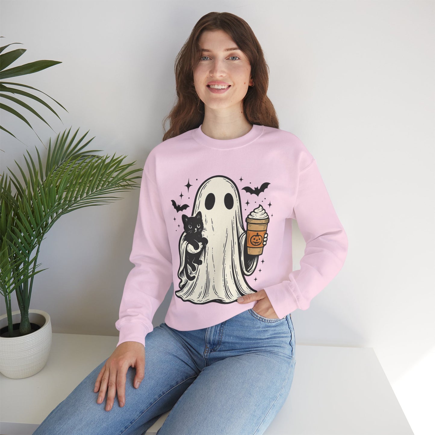 Ghostly Cuddle Sweatshirt - Cozy Unisex Crewneck, Halloween Apparel, Fall Fashion, Spooky Season, Cat Lover Gift