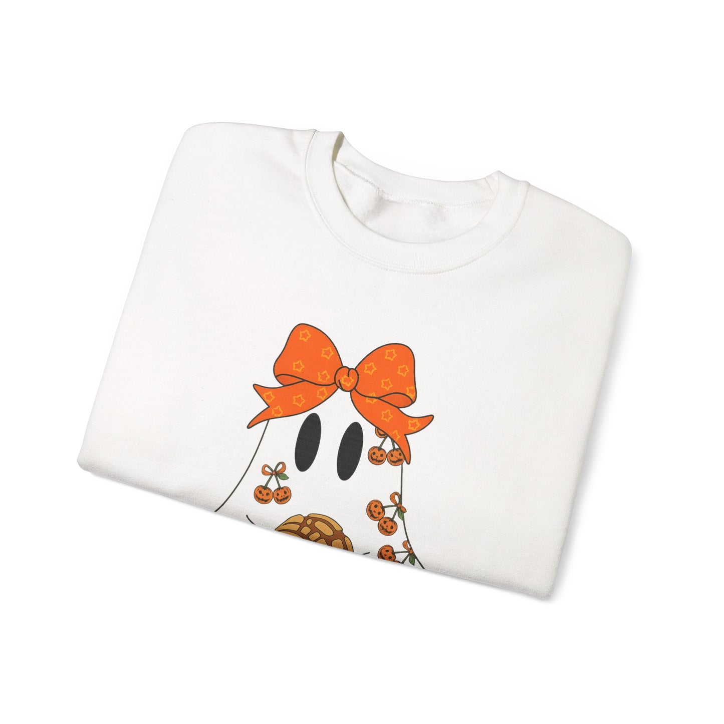 Cute Ghost with Bow Sweatshirt, Halloween Gift, Cozy Crewneck, Unisex Pullover, Fall Fashion, Seasonal Apparel
