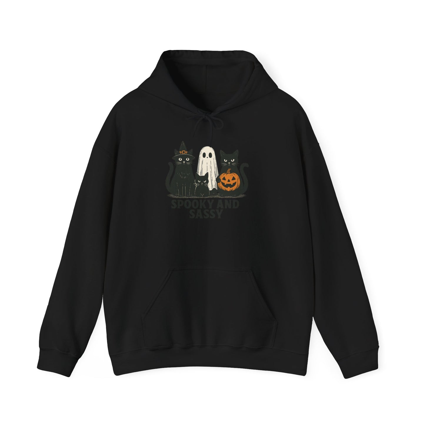 Spooky and Sassy Hoodie, Halloween Hoodie, Unisex Fall Apparel, Cozy Cat Ghost Wear, Perfect for Fall Festivities