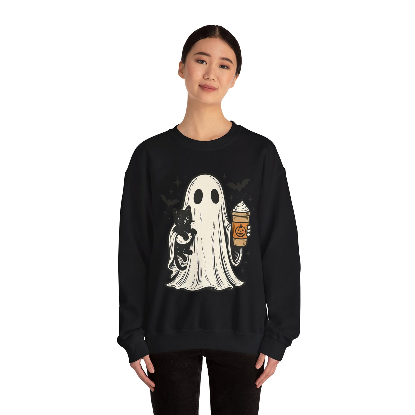 Ghostly Cuddle Sweatshirt - Cozy Unisex Crewneck, Halloween Apparel, Fall Fashion, Spooky Season, Cat Lover Gift