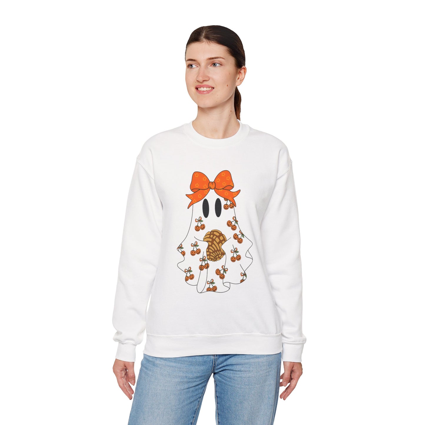 Cute Ghost with Bow Sweatshirt, Halloween Gift, Cozy Crewneck, Unisex Pullover, Fall Fashion, Seasonal Apparel