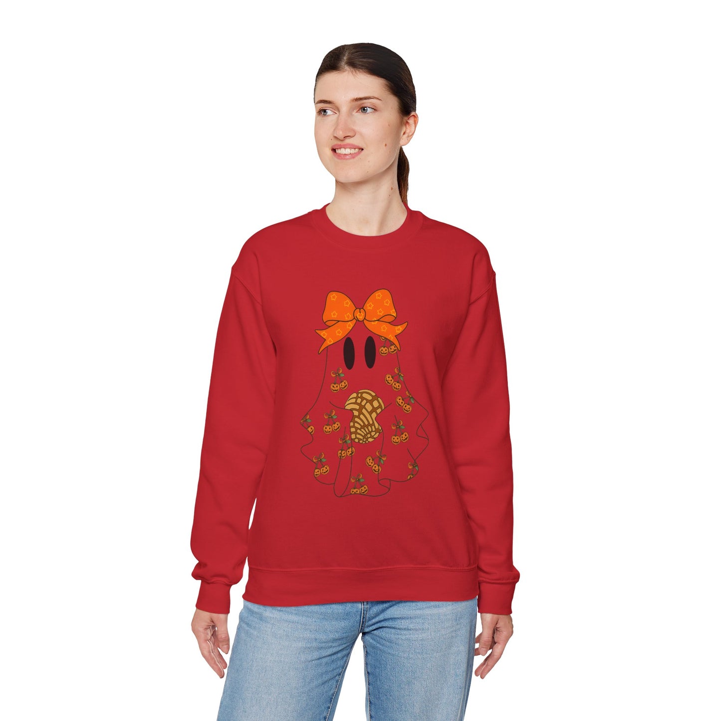 Cute Ghost with Bow Sweatshirt, Halloween Gift, Cozy Crewneck, Unisex Pullover, Fall Fashion, Seasonal Apparel