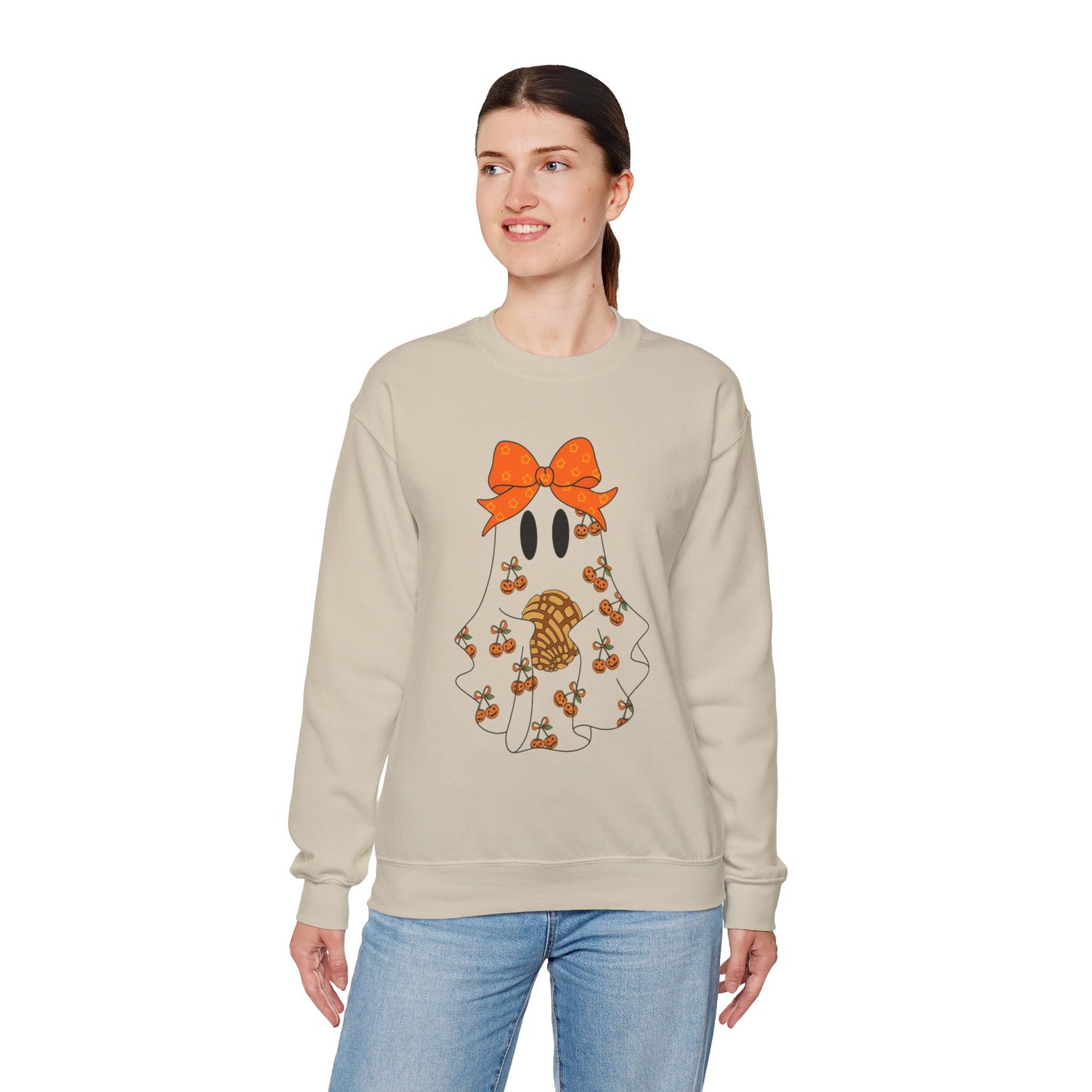 Cute Ghost with Bow Sweatshirt, Halloween Gift, Cozy Crewneck, Unisex Pullover, Fall Fashion, Seasonal Apparel