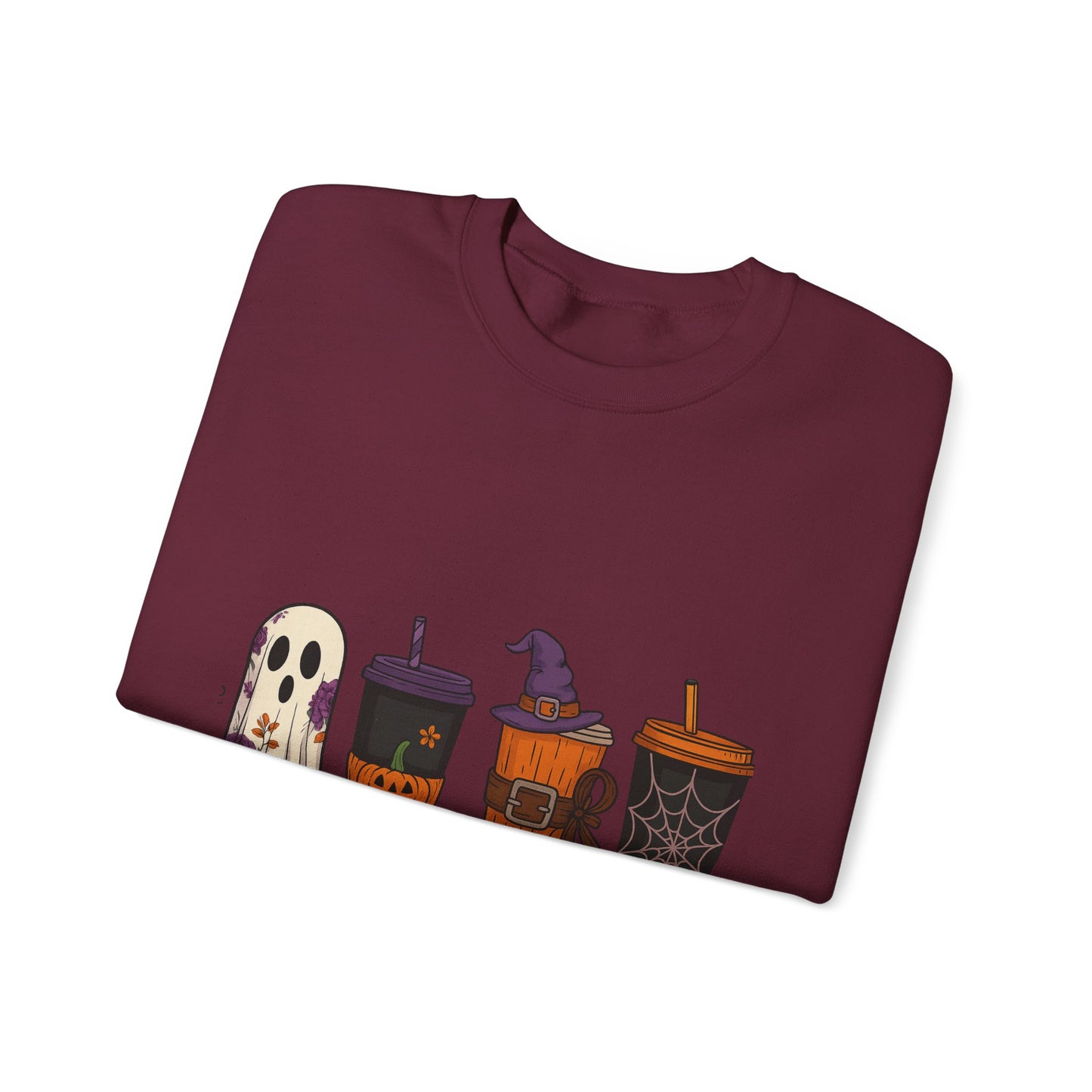 Halloween Ghost & Drink Crewneck Sweatshirt, Cozy Sweatshirt, Fall Fashion, Halloween Gift, Unisex Pullover, Spooky Season Apparel