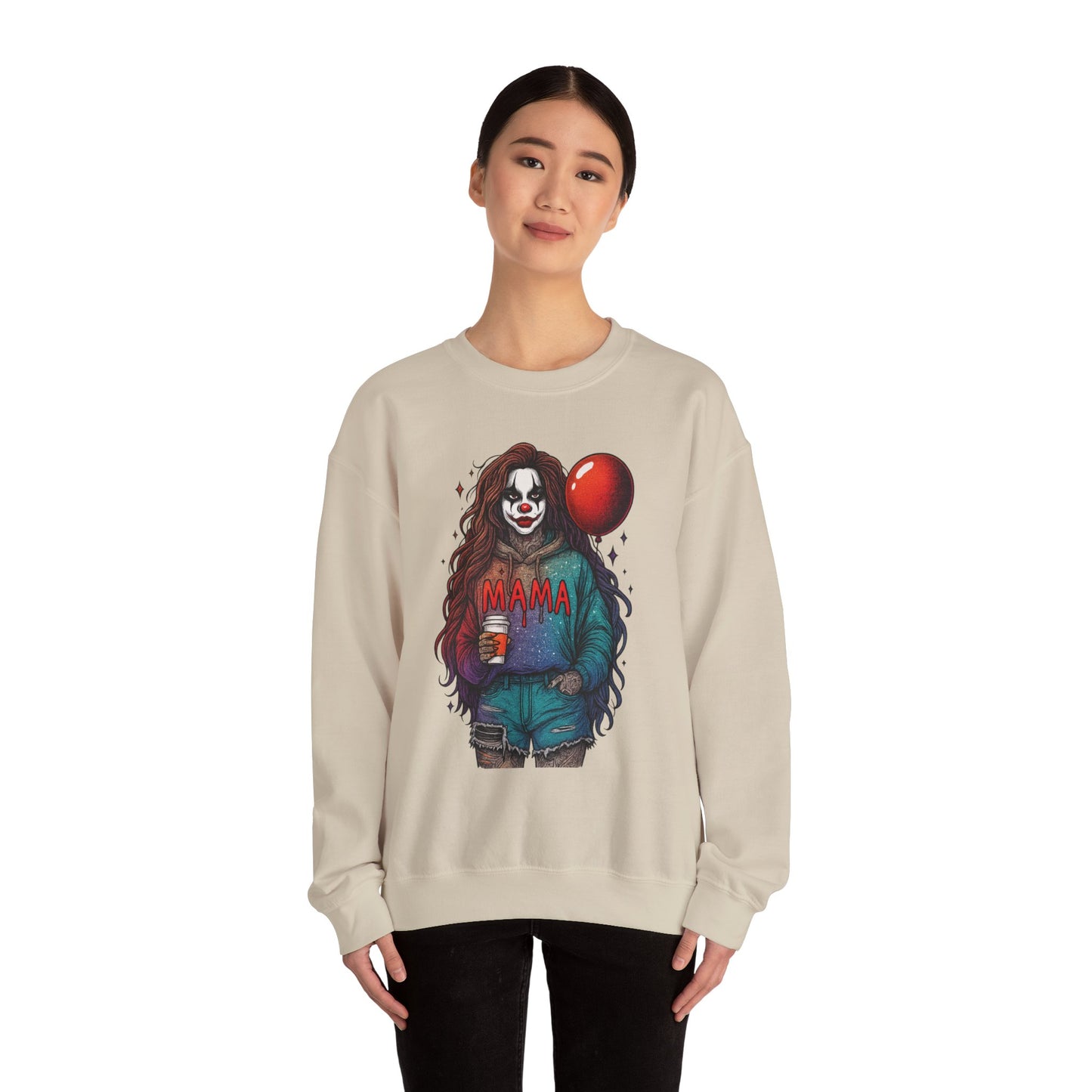 Clown-themed Crewneck Sweatshirt for Moms, Cozy Gift for Mother's Day, Halloween Apparel, Trendy Casual Wear, Unique Graphic Top