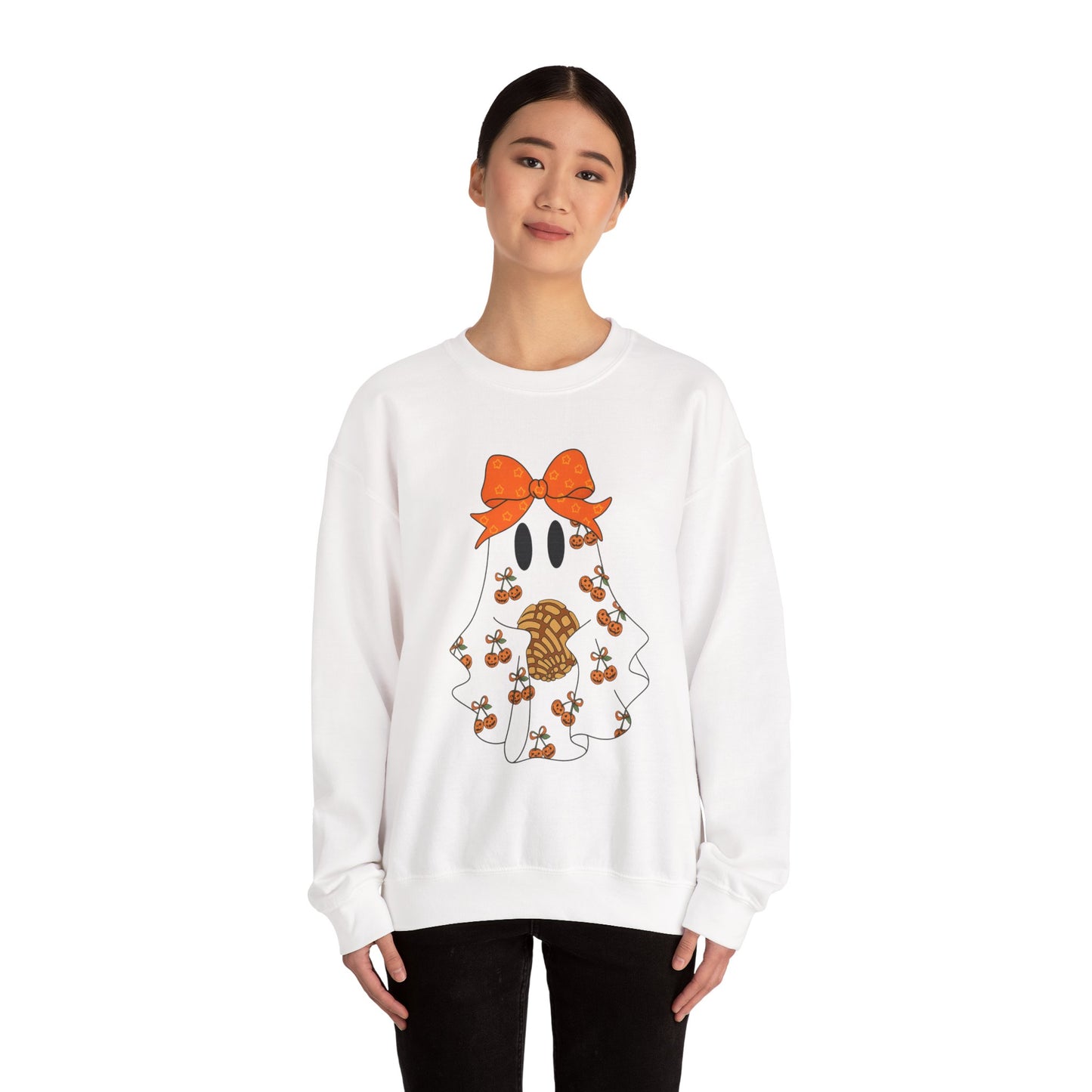 Cute Ghost with Bow Sweatshirt, Halloween Gift, Cozy Crewneck, Unisex Pullover, Fall Fashion, Seasonal Apparel