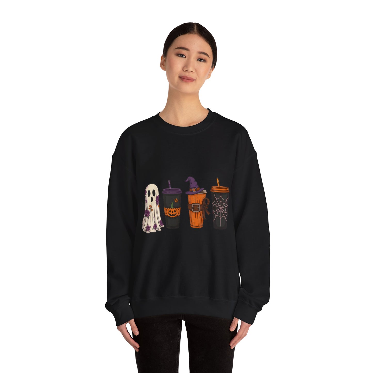 Halloween Ghost & Drink Crewneck Sweatshirt, Cozy Sweatshirt, Fall Fashion, Halloween Gift, Unisex Pullover, Spooky Season Apparel