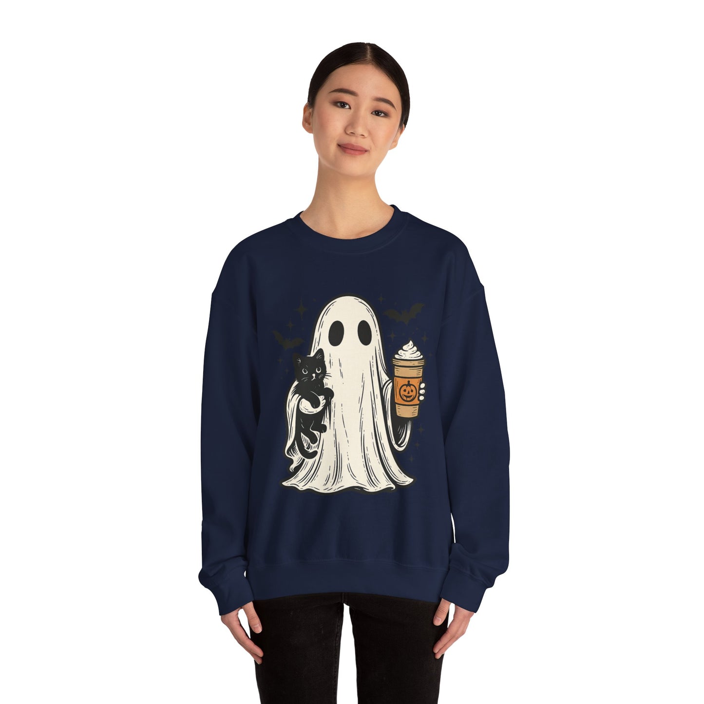 Ghostly Cuddle Sweatshirt - Cozy Unisex Crewneck, Halloween Apparel, Fall Fashion, Spooky Season, Cat Lover Gift