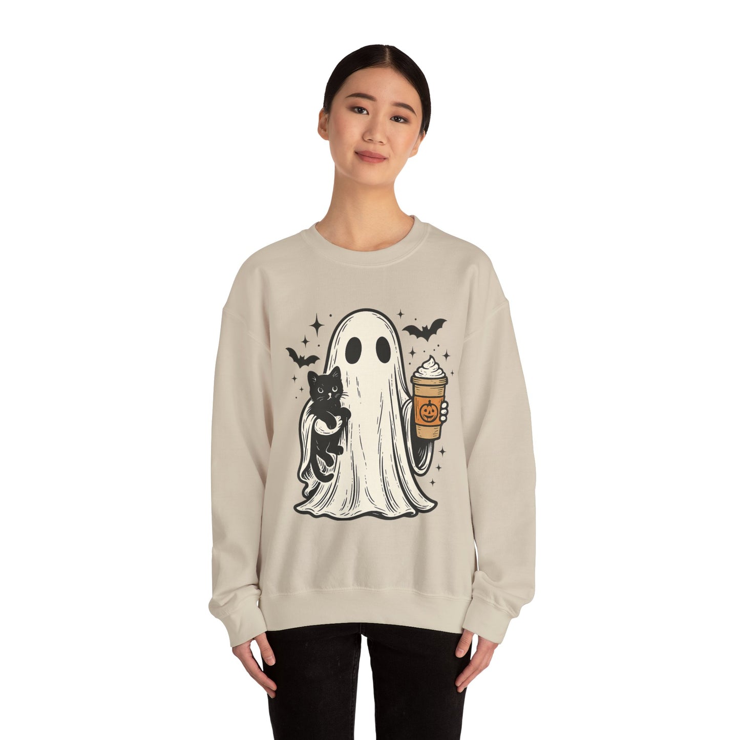 Ghostly Cuddle Sweatshirt - Cozy Unisex Crewneck, Halloween Apparel, Fall Fashion, Spooky Season, Cat Lover Gift
