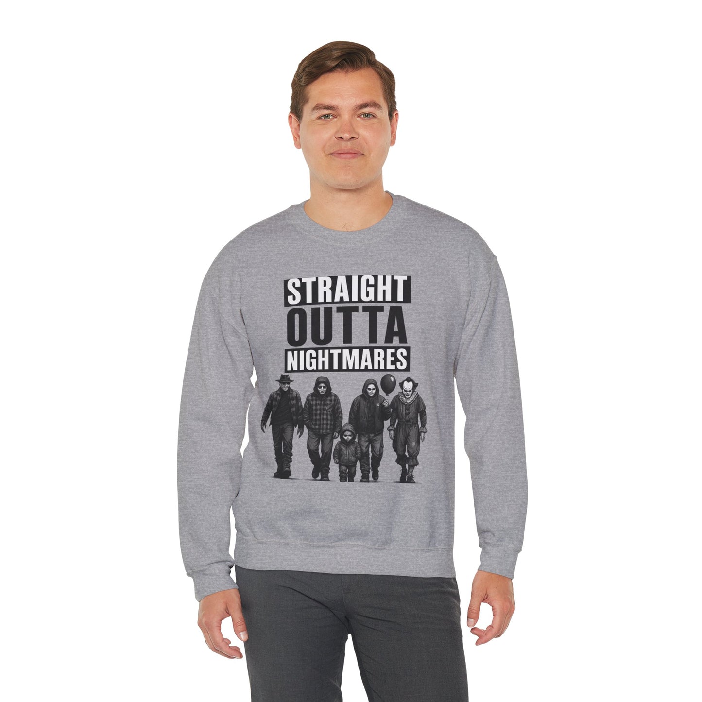 Straight Outta Nightmares Crewneck Sweatshirt | Unisex Pullover for Halloween, Cozy Gift for Horror Fans, Casual Layering