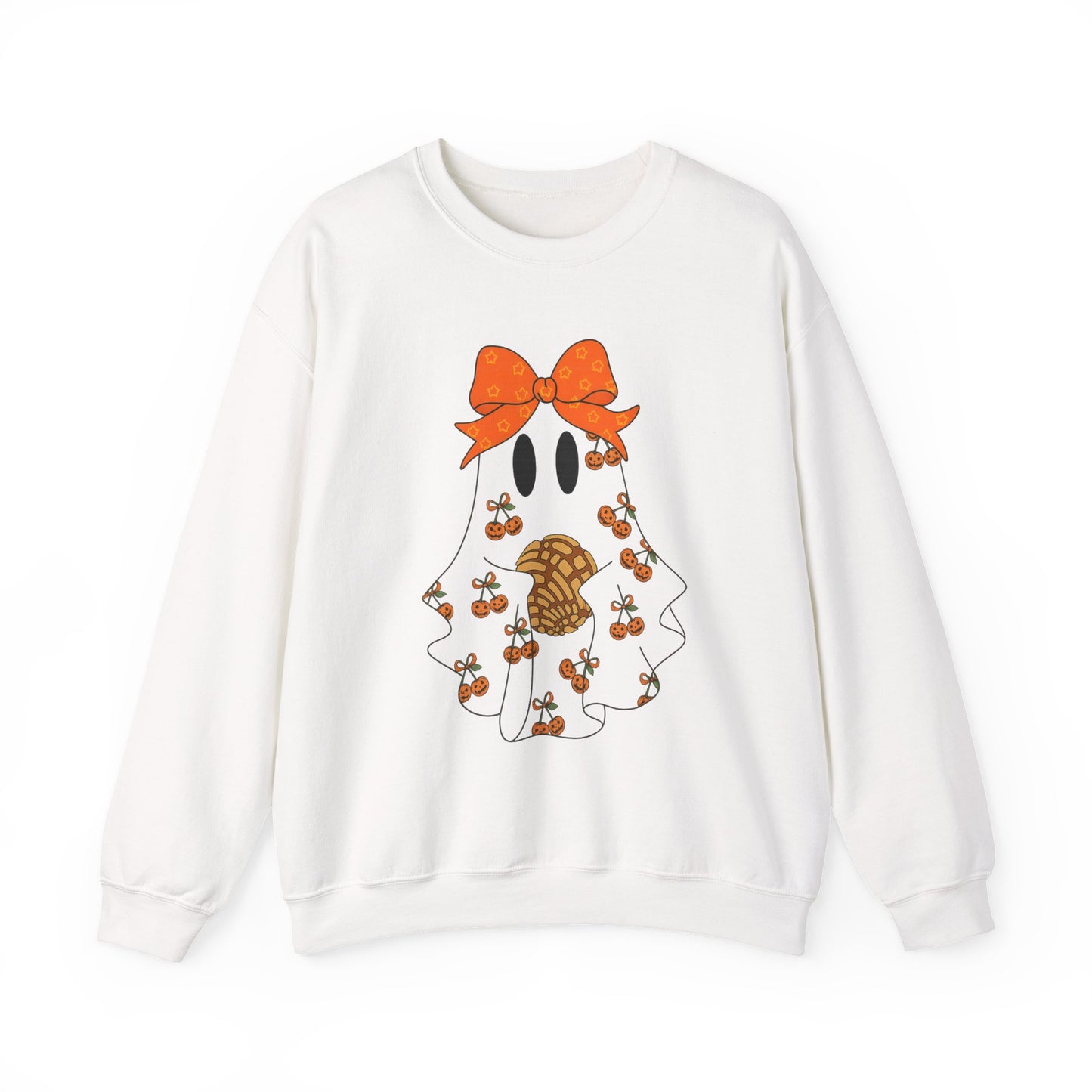 Cute Ghost with Bow Sweatshirt, Halloween Gift, Cozy Crewneck, Unisex Pullover, Fall Fashion, Seasonal Apparel