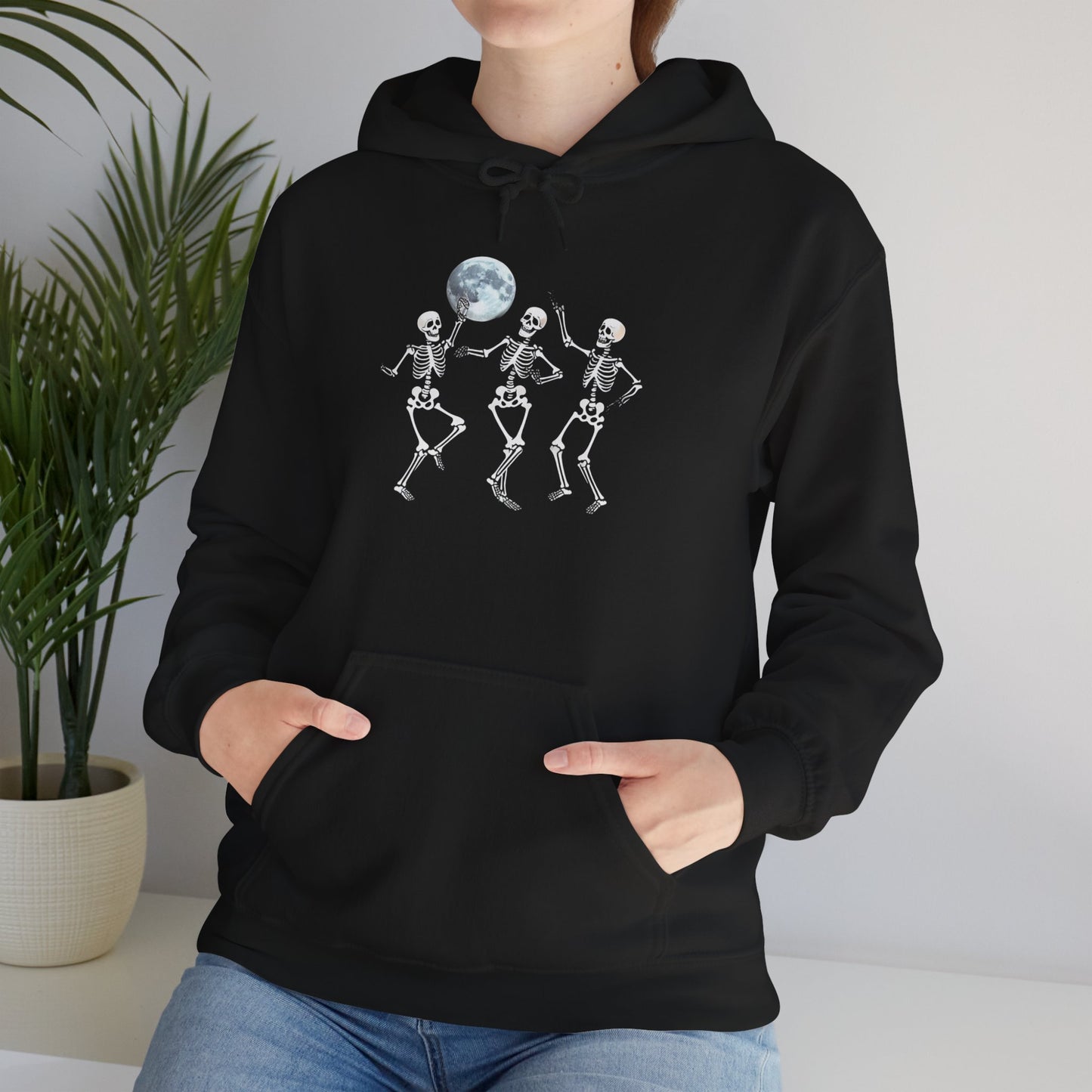 Spooky Friends Skeleton Dance Hoodie, Halloween Vibrant Artistic hoodie, Unisex Skeleton Warm Hoodie, Casual Halloween Apparel, Spooky Season Fashion