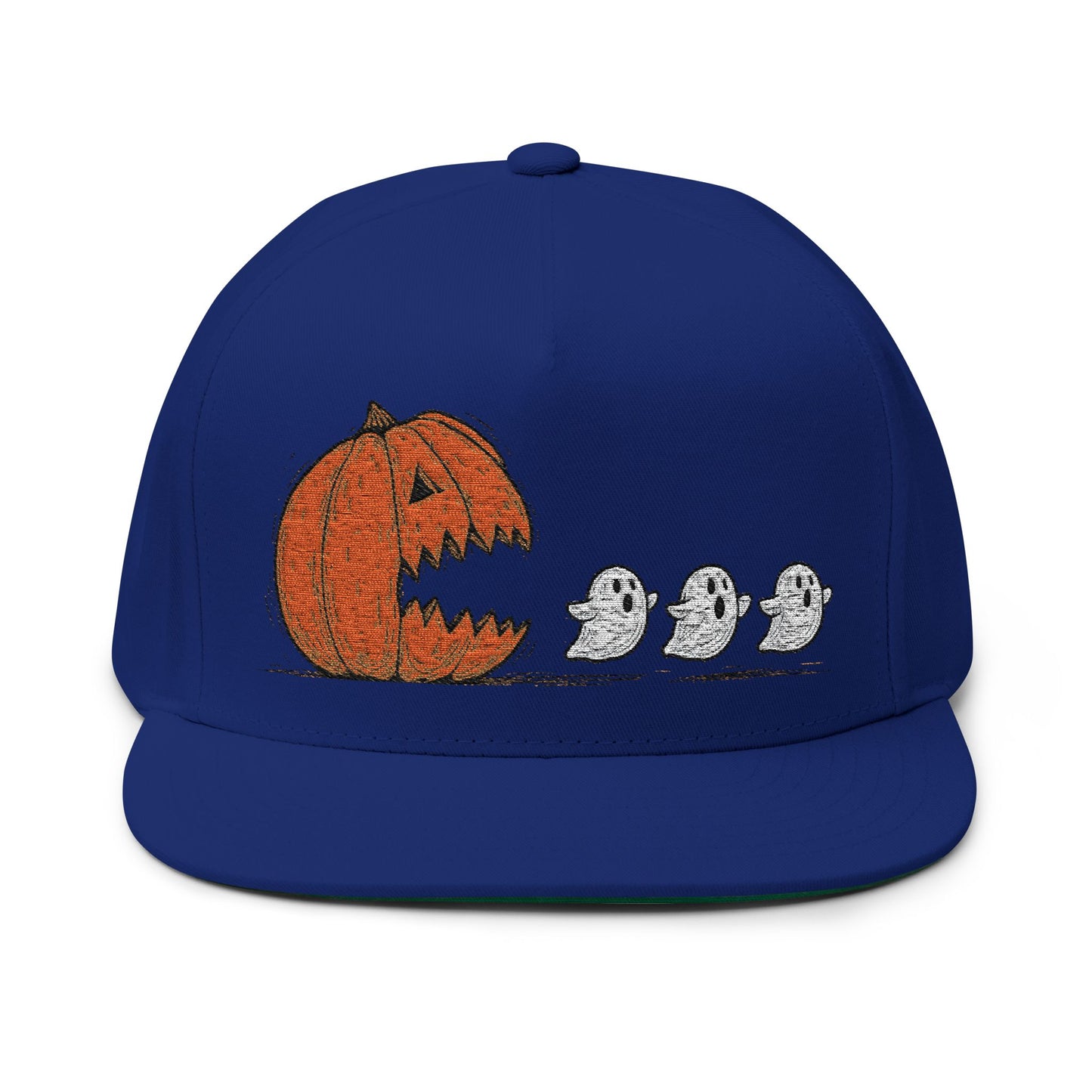 Halloween Pumpkin Ghost Flat Bill Cap, Spooky Hat, Embroidered Cap for Trick-or-Treat, Fun Costume Accessory, Fall Fashion, Gifting Ideas