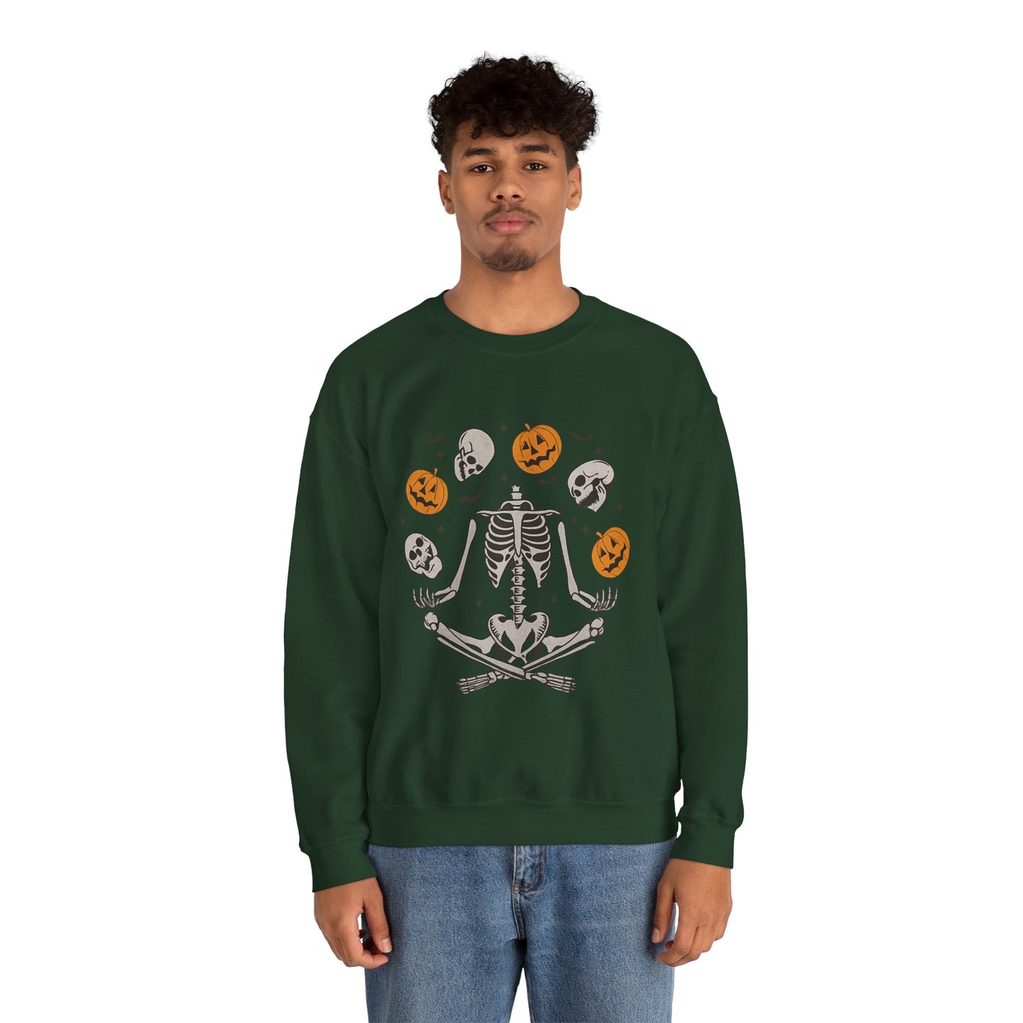 Halloween Skeleton Yoga Sweatshirt, Cute Autumn Apparel, Spooky Season Outfit, Unisex Cozy Crewneck, Gift for Halloween Lovers