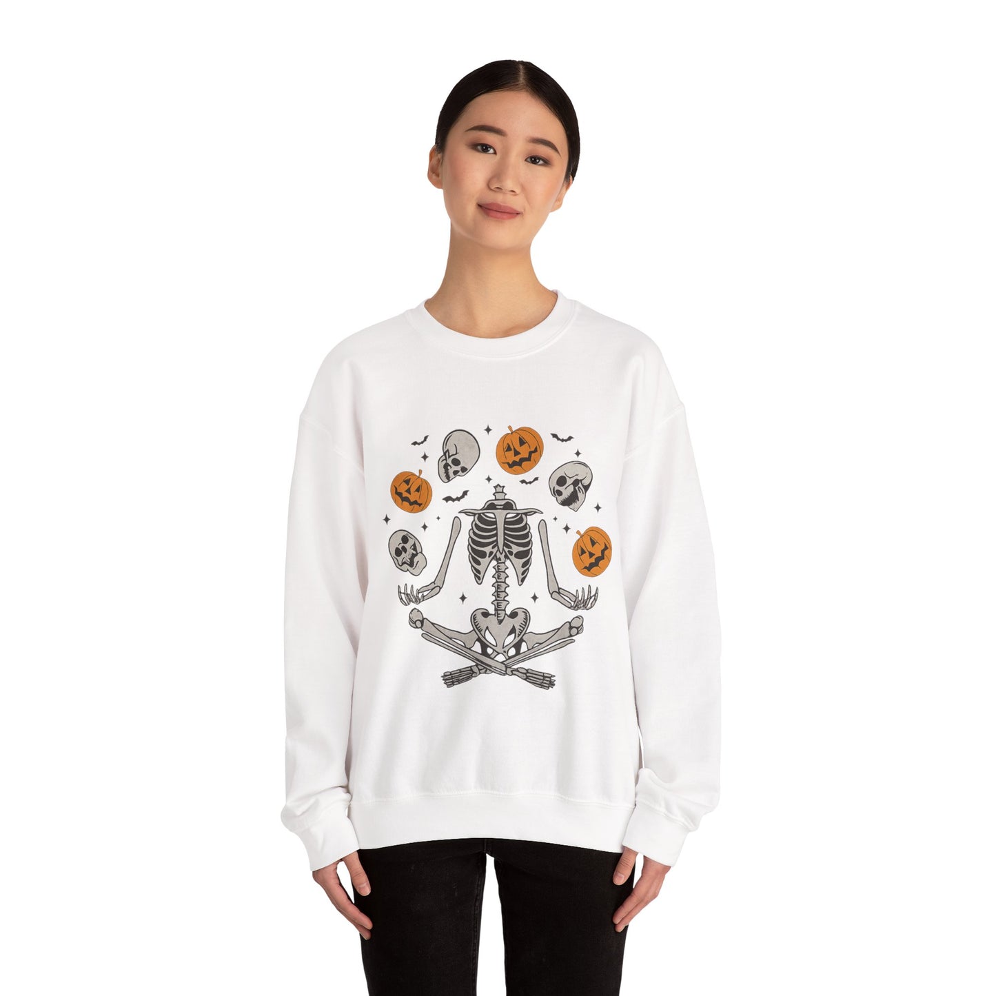 Halloween Skeleton Yoga Sweatshirt, Cute Autumn Apparel, Spooky Season Outfit, Unisex Cozy Crewneck, Gift for Halloween Lovers