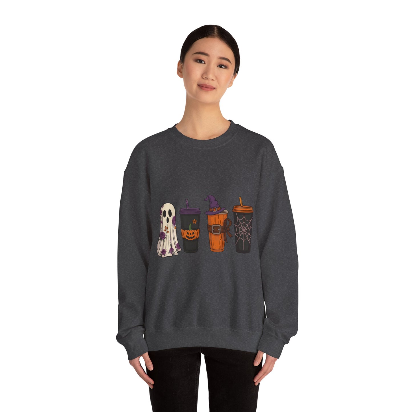 Halloween Ghost & Drink Crewneck Sweatshirt, Cozy Sweatshirt, Fall Fashion, Halloween Gift, Unisex Pullover, Spooky Season Apparel