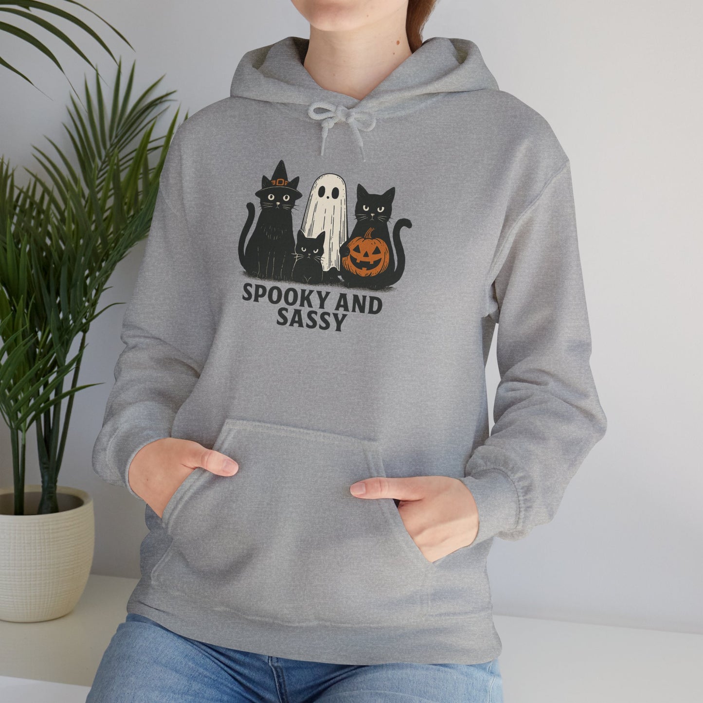 Spooky and Sassy Hoodie, Halloween Hoodie, Unisex Fall Apparel, Cozy Cat Ghost Wear, Perfect for Fall Festivities