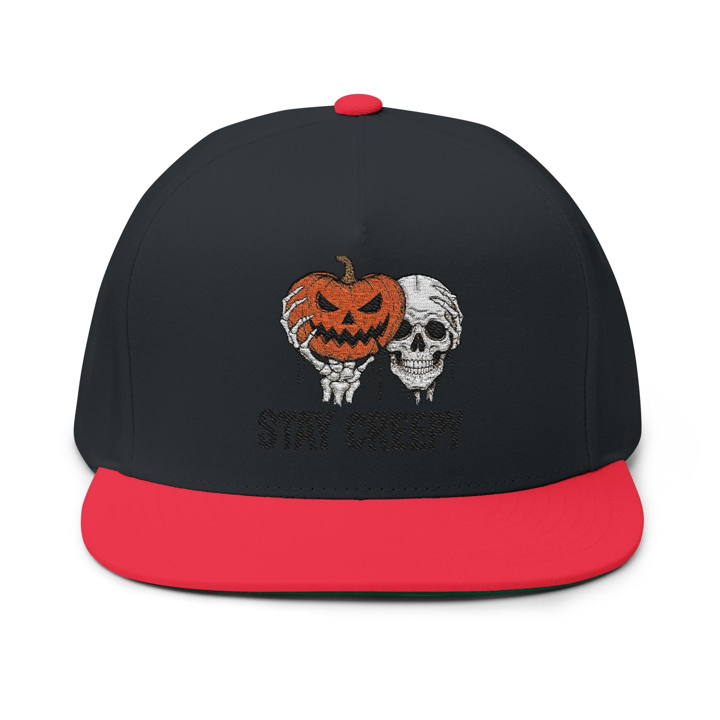 Stay Creepy Halloween Flat Bill Cap, Pumpkin Skull Hat, Embroidered Cap, Spooky Accessories, Trick or Treat Gear, Fall Fashion