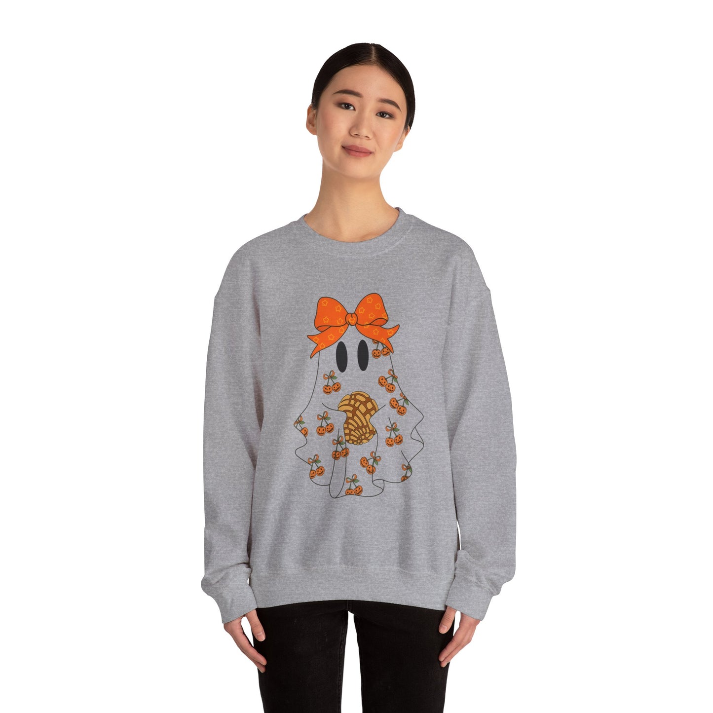Cute Ghost with Bow Sweatshirt, Halloween Gift, Cozy Crewneck, Unisex Pullover, Fall Fashion, Seasonal Apparel