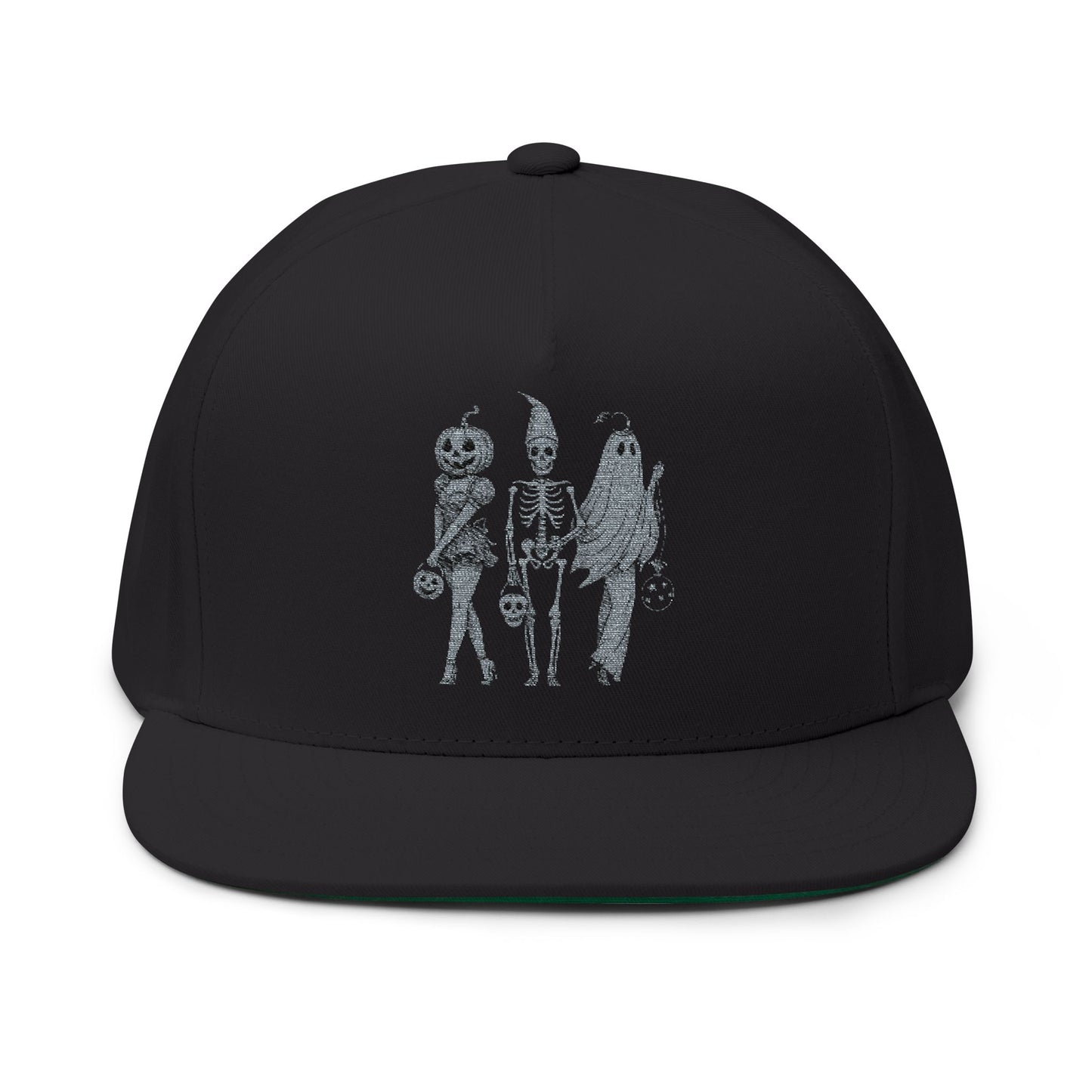 Spooky Halloween Flat Bill Cap, Embroidered Cap for Trick or Treat, Costume Cap, Unique Halloween Gift, Adjustable Snapback Hat