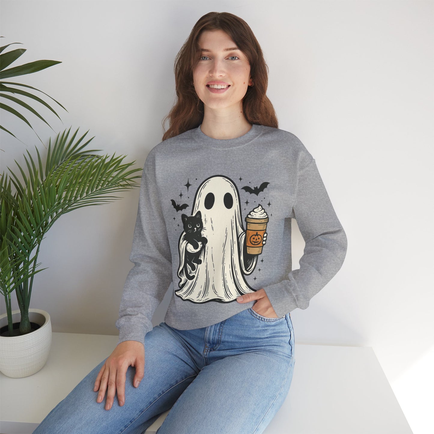 Ghostly Cuddle Sweatshirt - Cozy Unisex Crewneck, Halloween Apparel, Fall Fashion, Spooky Season, Cat Lover Gift