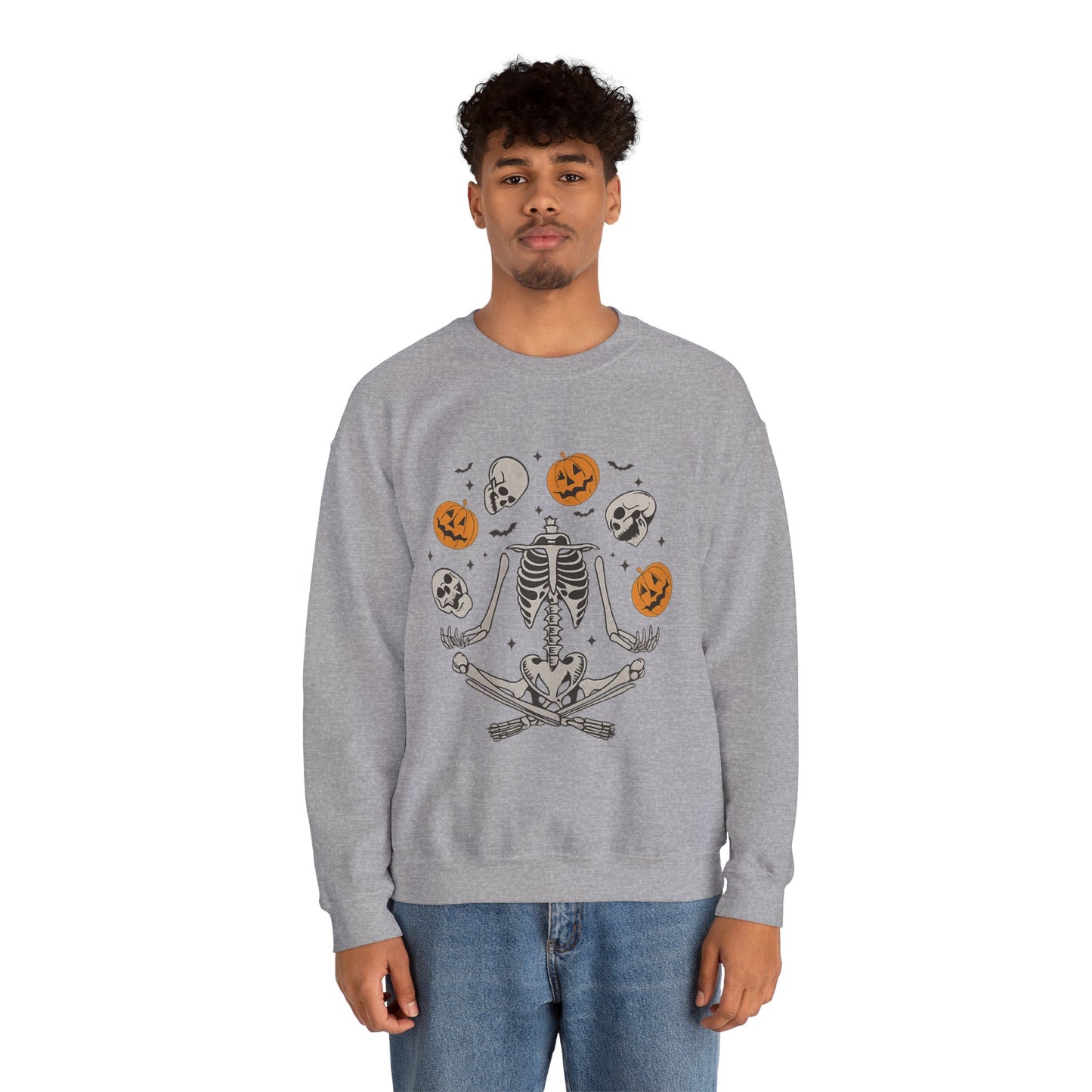 Halloween Skeleton Yoga Sweatshirt, Cute Autumn Apparel, Spooky Season Outfit, Unisex Cozy Crewneck, Gift for Halloween Lovers