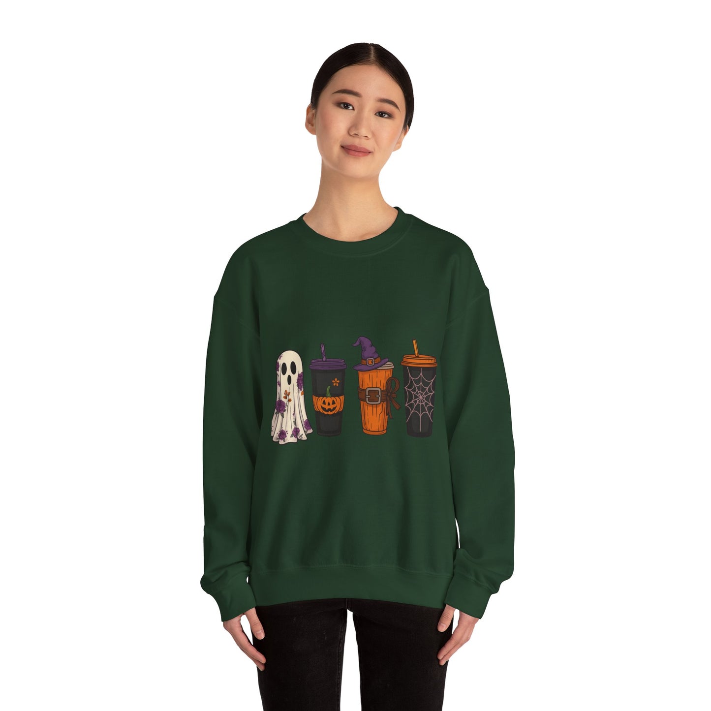 Halloween Ghost & Drink Crewneck Sweatshirt, Cozy Sweatshirt, Fall Fashion, Halloween Gift, Unisex Pullover, Spooky Season Apparel