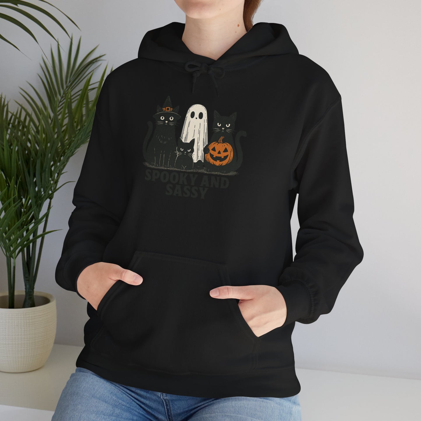Spooky and Sassy Hoodie, Halloween Hoodie, Unisex Fall Apparel, Cozy Cat Ghost Wear, Perfect for Fall Festivities