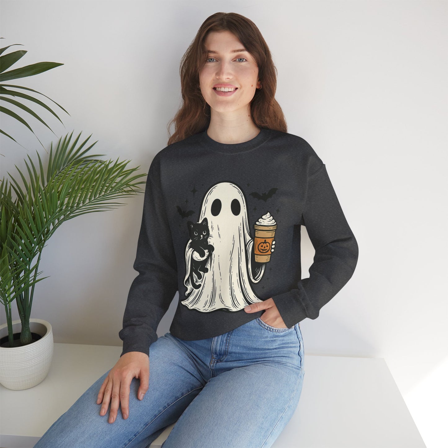 Ghostly Cuddle Sweatshirt - Cozy Unisex Crewneck, Halloween Apparel, Fall Fashion, Spooky Season, Cat Lover Gift