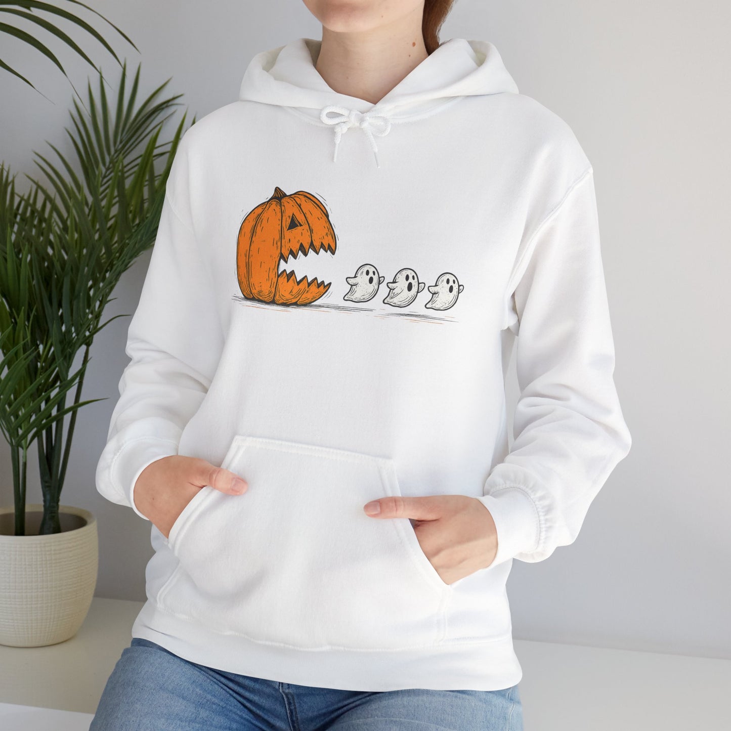 Spooky Ghosts & Pumpkin Hoodie - Unisex Heavy Blend Hoodie, Halloween Apparel, Cozy Fall Layer, Ghost Lovers Gift, Autumn Style