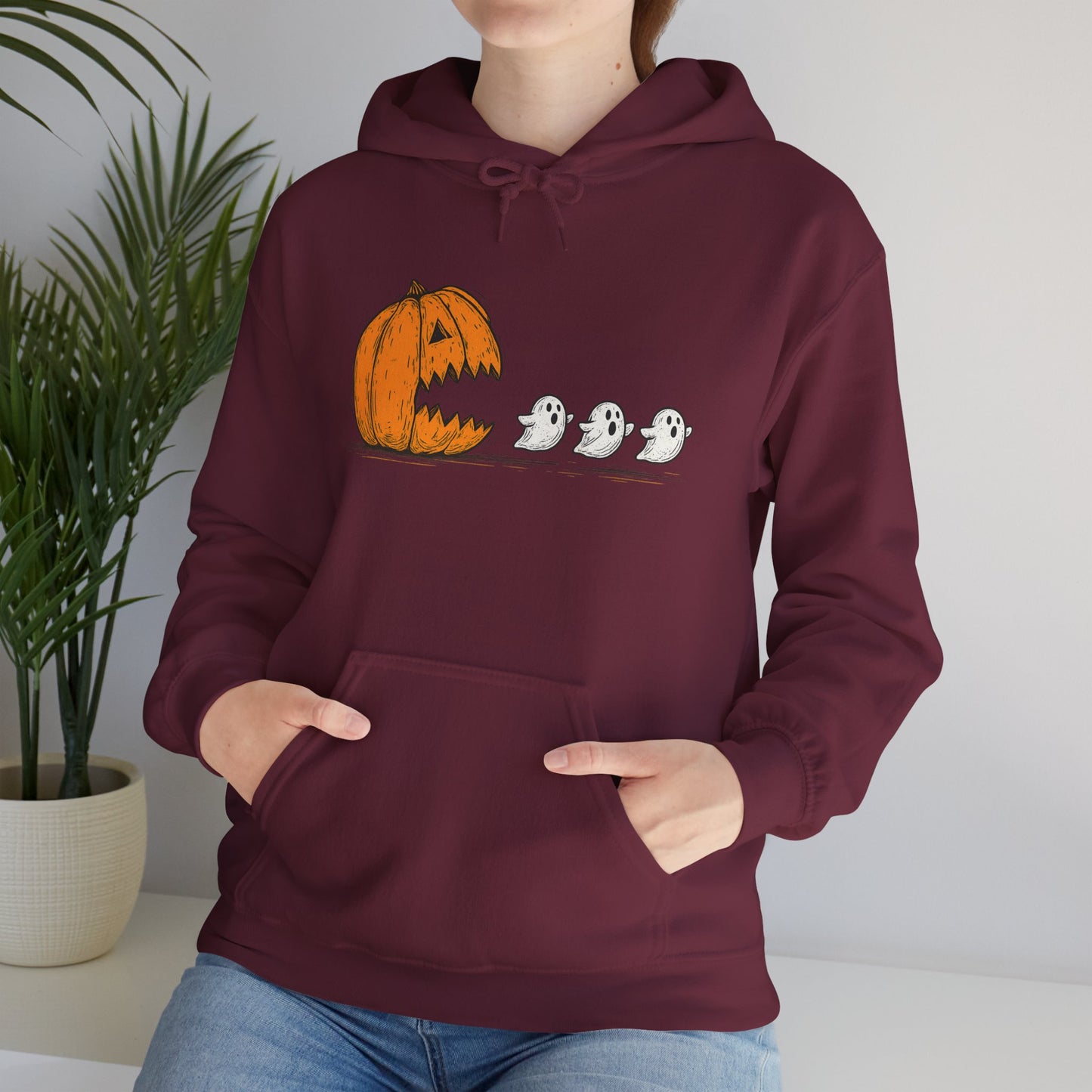 Spooky Ghosts & Pumpkin Hoodie - Unisex Heavy Blend Hoodie, Halloween Apparel, Cozy Fall Layer, Ghost Lovers Gift, Autumn Style
