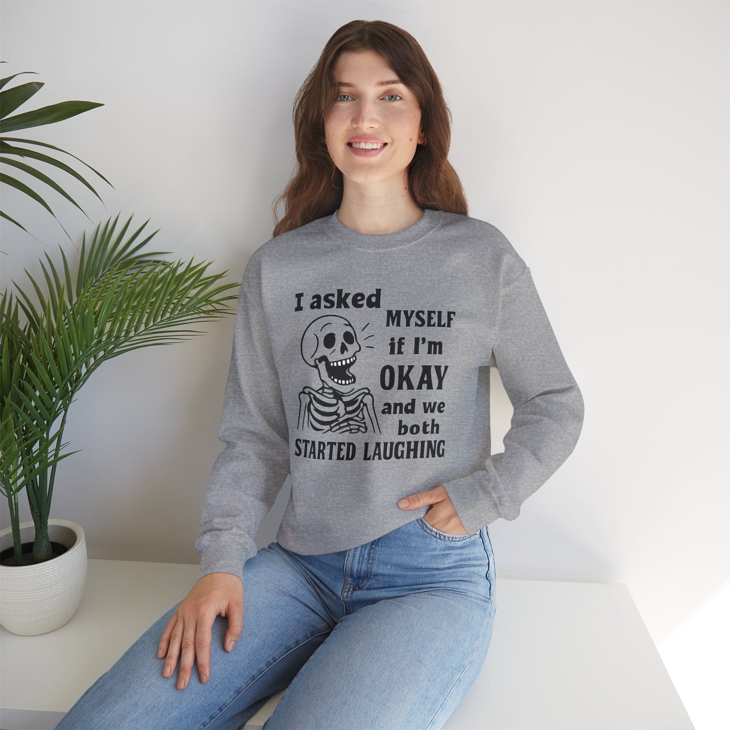 Funny Skeleton Sweatshirt, Unisex Crewneck for Comfort, Perfect for Halloween, Casual Wear, Gift for Friends, Cozy Laughs
