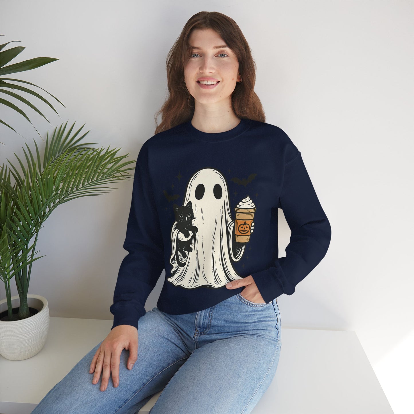 Ghostly Cuddle Sweatshirt - Cozy Unisex Crewneck, Halloween Apparel, Fall Fashion, Spooky Season, Cat Lover Gift