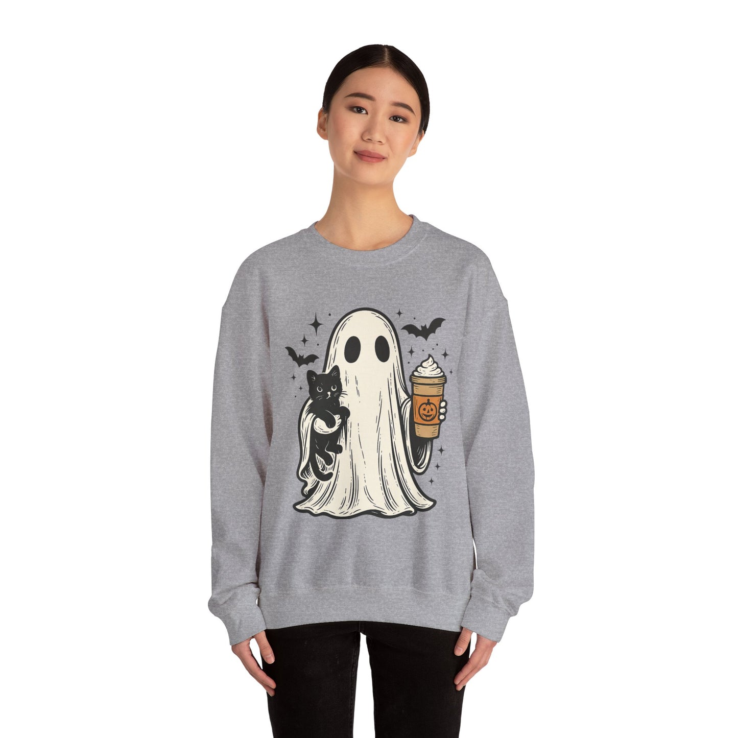 Ghostly Cuddle Sweatshirt - Cozy Unisex Crewneck, Halloween Apparel, Fall Fashion, Spooky Season, Cat Lover Gift