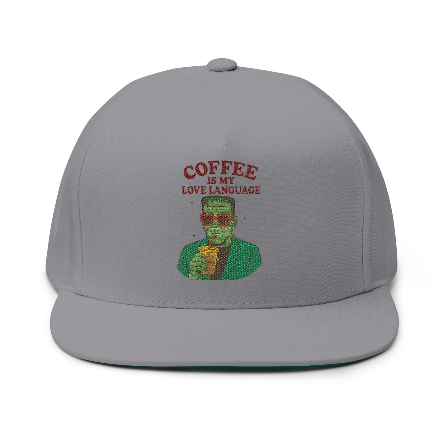 Coffee Love Language Embroidered Flat Bill Cap, Cool Hats, Gift for Coffee Lovers, Trendy Headwear, Unique Apparel