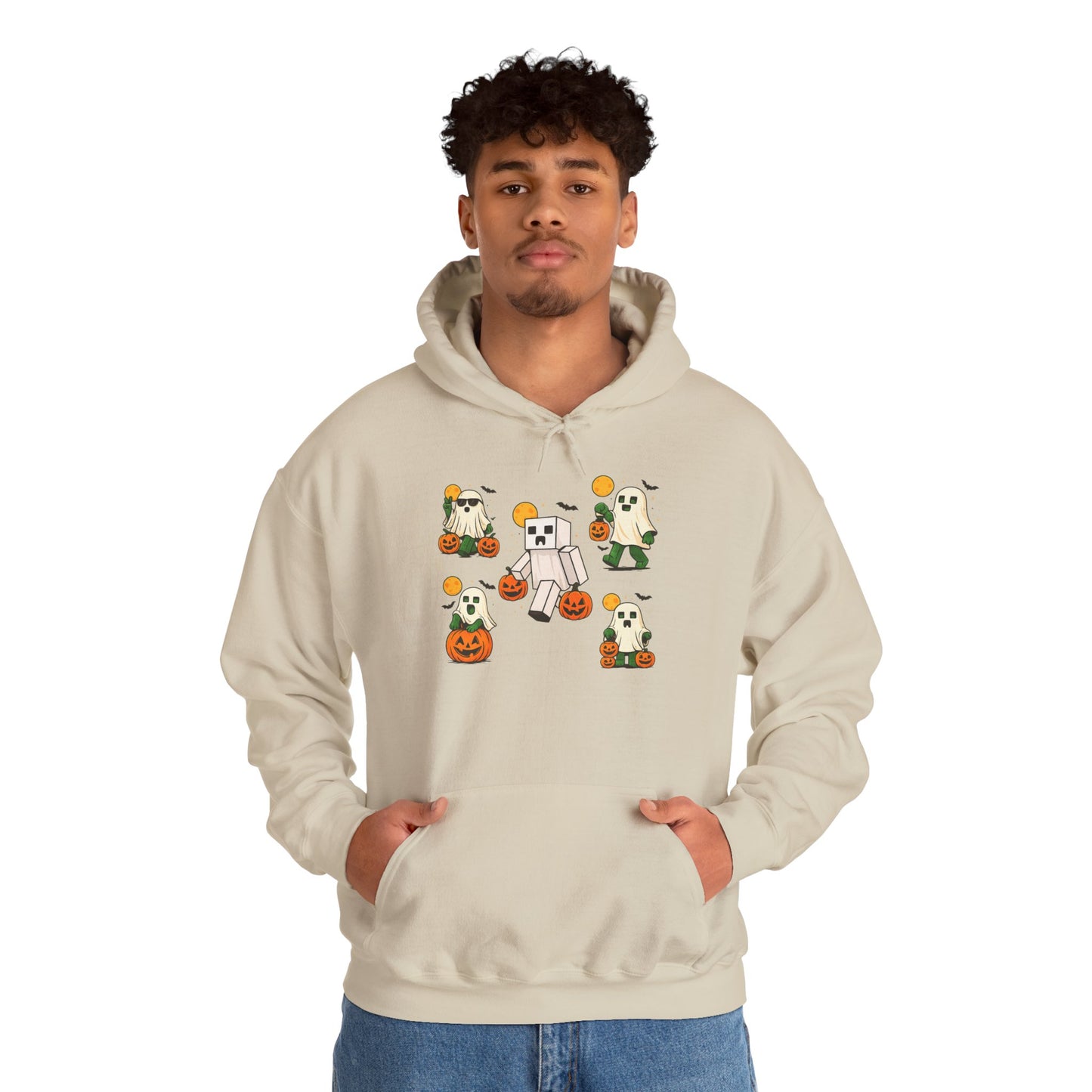 Halloween Themed Unisex Hoodie, Cozy Fall Hoodie, Pumpkin Ghost Design, Autumn Apparel, Perfect for Trick-or-Treating
