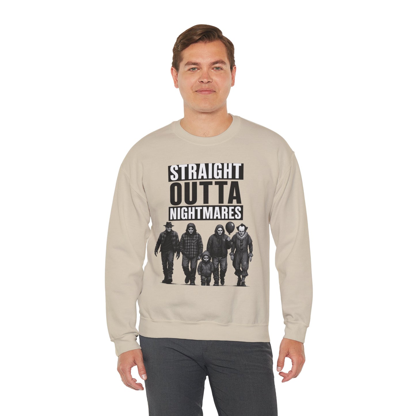 Straight Outta Nightmares Crewneck Sweatshirt | Unisex Pullover for Halloween, Cozy Gift for Horror Fans, Casual Layering
